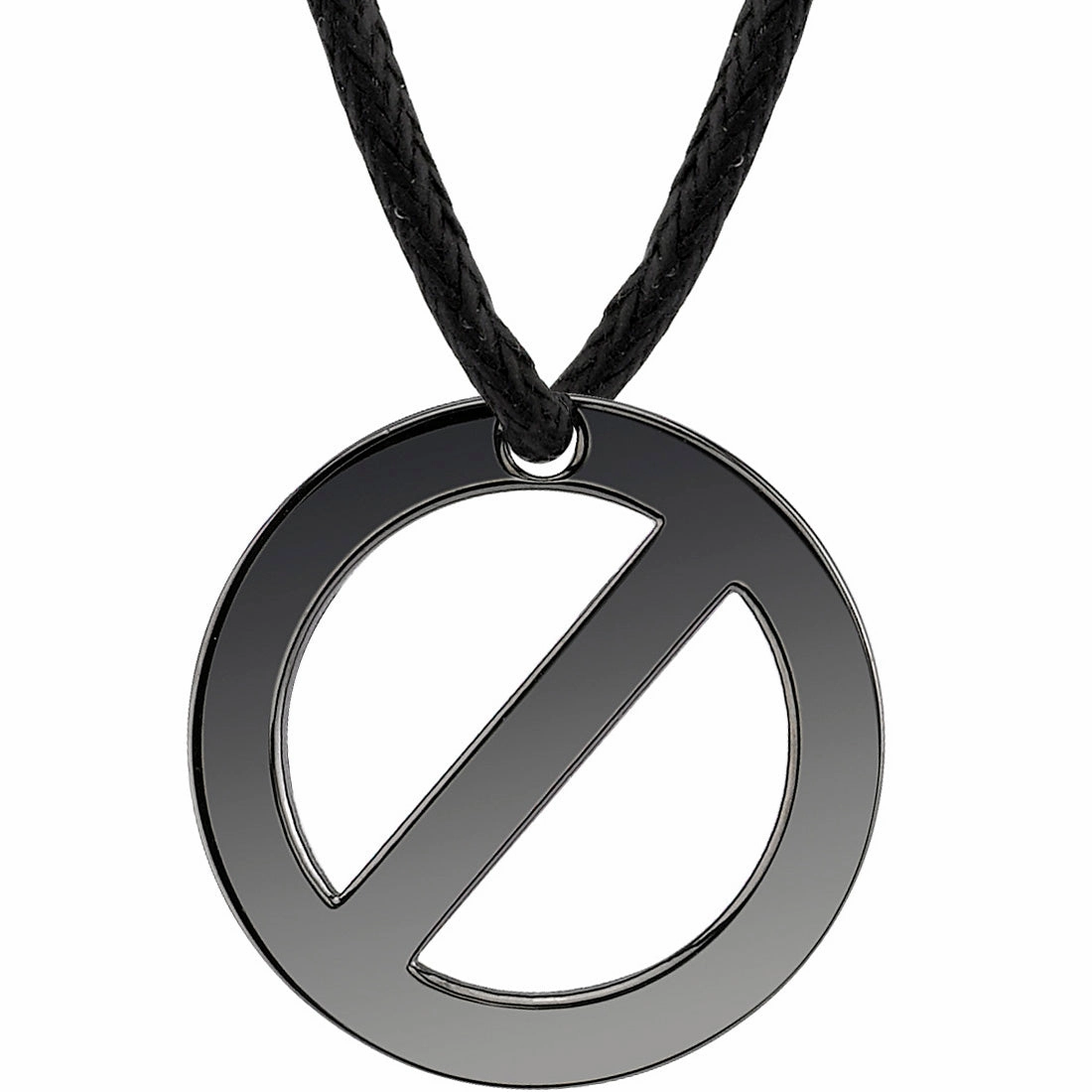Era Piece Matching Adornment Stainless Steel Gunmetal Finish Circle Pendant on a Black Cord