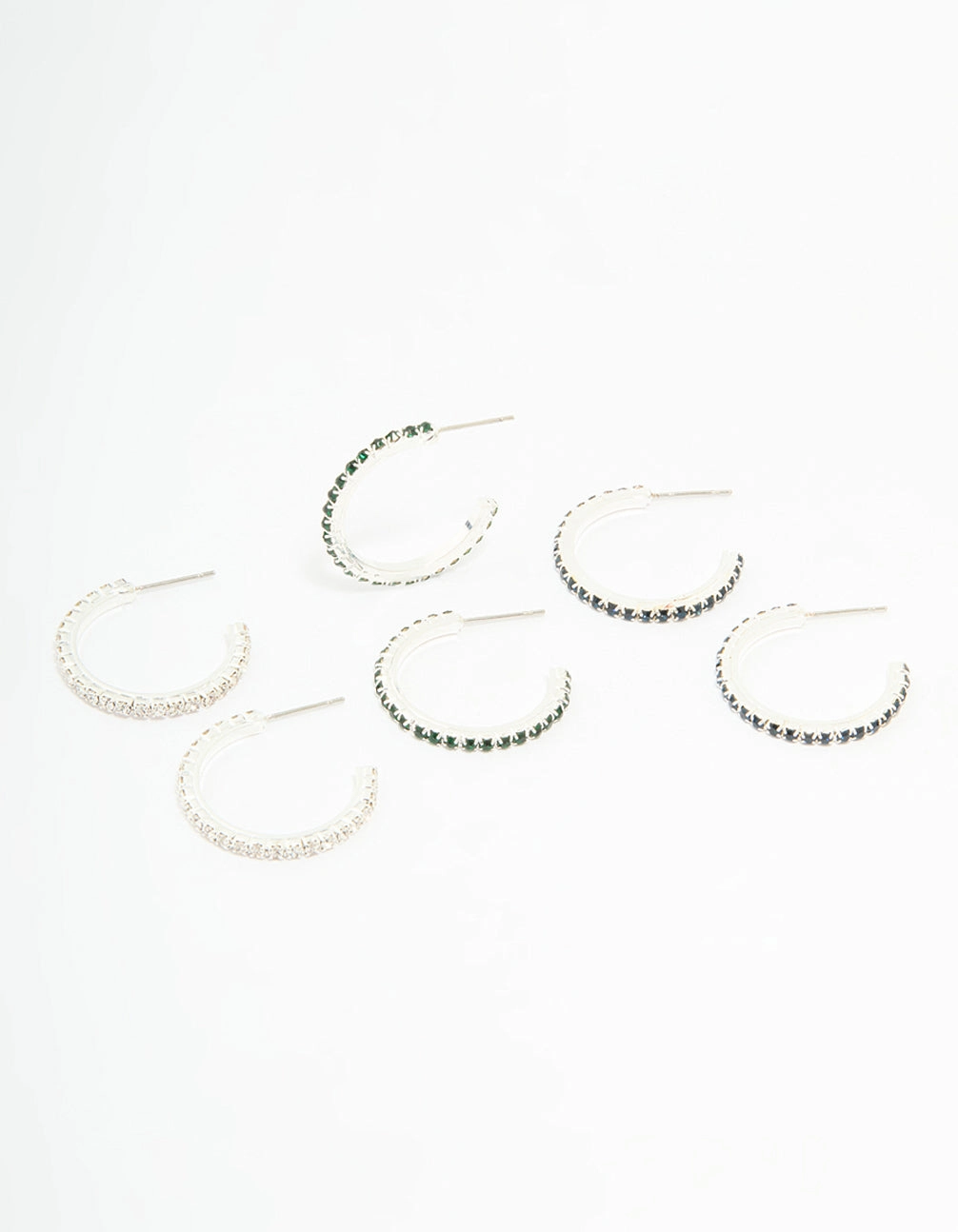 Silver Emerald Diamante Pav?? Hoop Earrings 3-Pack Casual Outfit Light tone