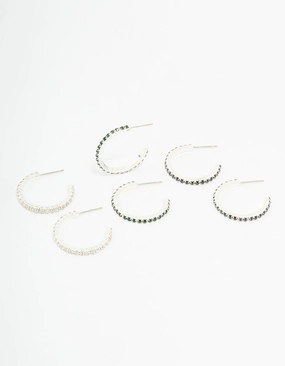 Silver Emerald Diamante Pav?? Hoop Earrings 3-Pack Casual Outfit Light tone