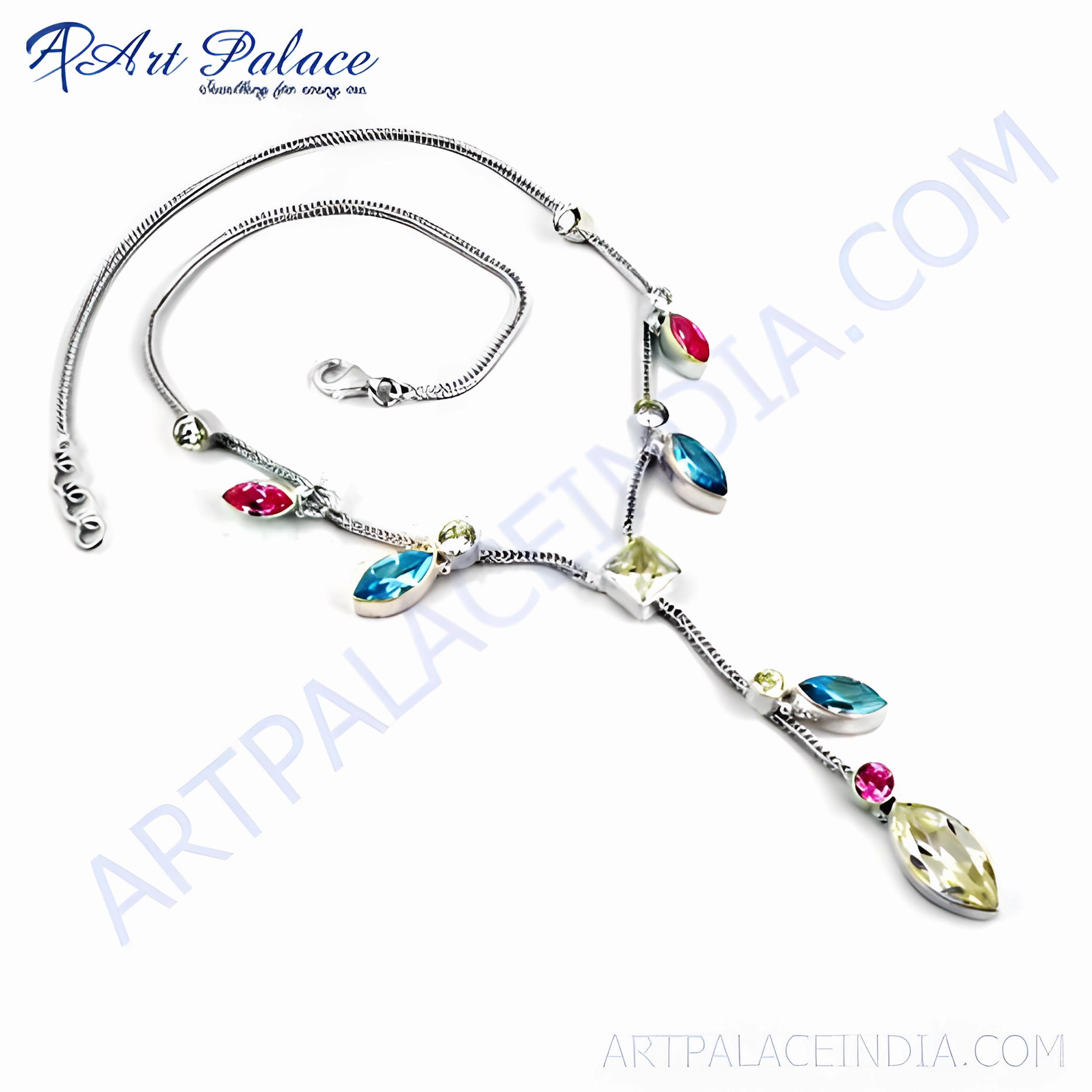 Superior Adornment Hanging Pendant Adornment Stunning Blue, White, and Pink Zirconia Gemstone Silver Necklace