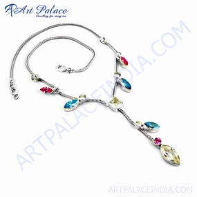 Superior Adornment Hanging Pendant Adornment Stunning Blue, White, and Pink Zirconia Gemstone Silver Necklace