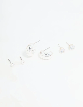 Polished Sparkle Silver Diamante Teardrop Stud & Drop Earrings Pack