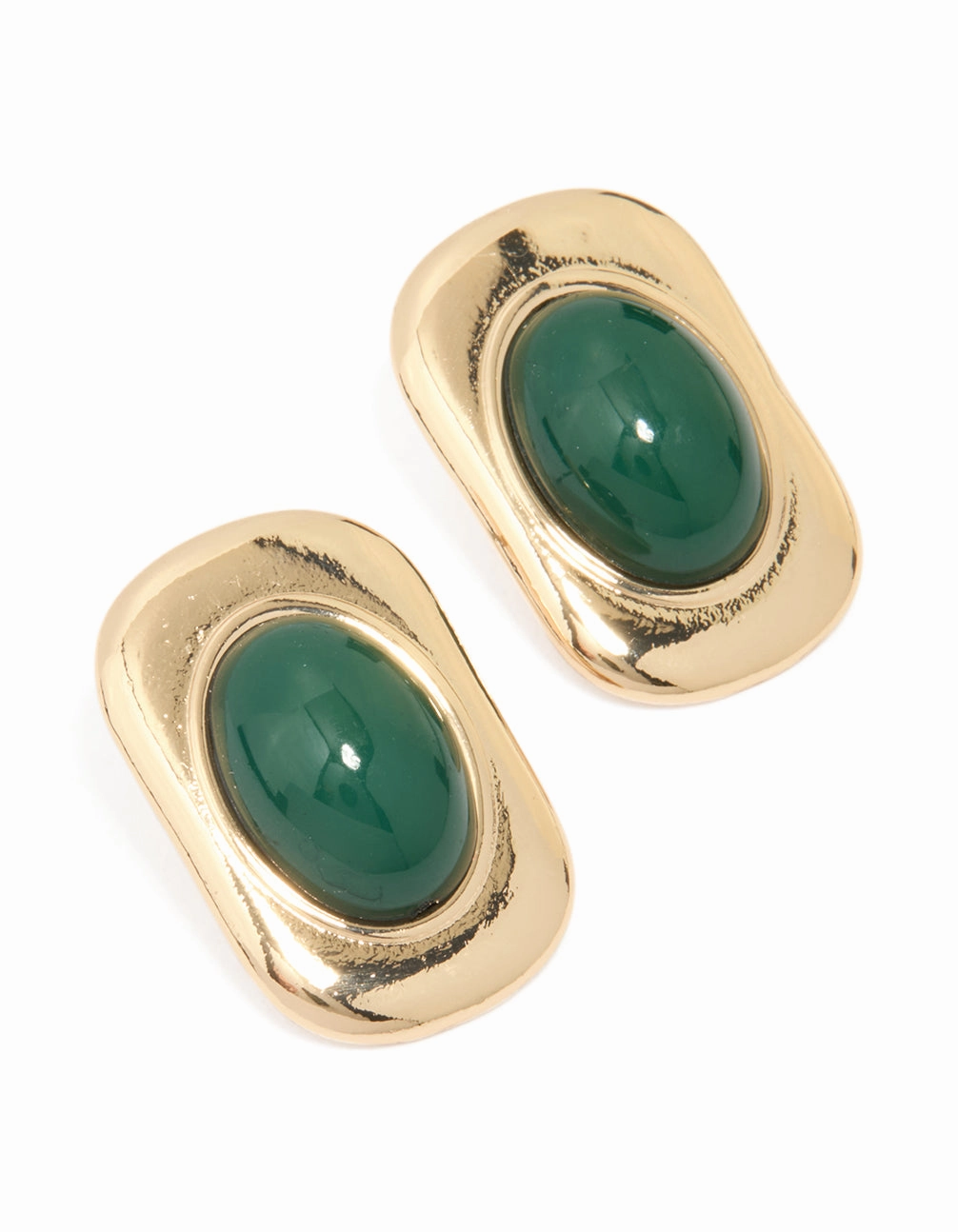 Gold Green Stone Rectangle & Oval Stud Earrings Soft Mood Stylish Highlight