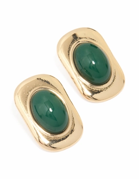 Gold Green Stone Rectangle & Oval Stud Earrings Soft Mood Stylish Highlight