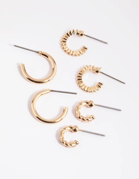 Sunset Look Gold Mixed Text Huggie Hoop Earring Pack