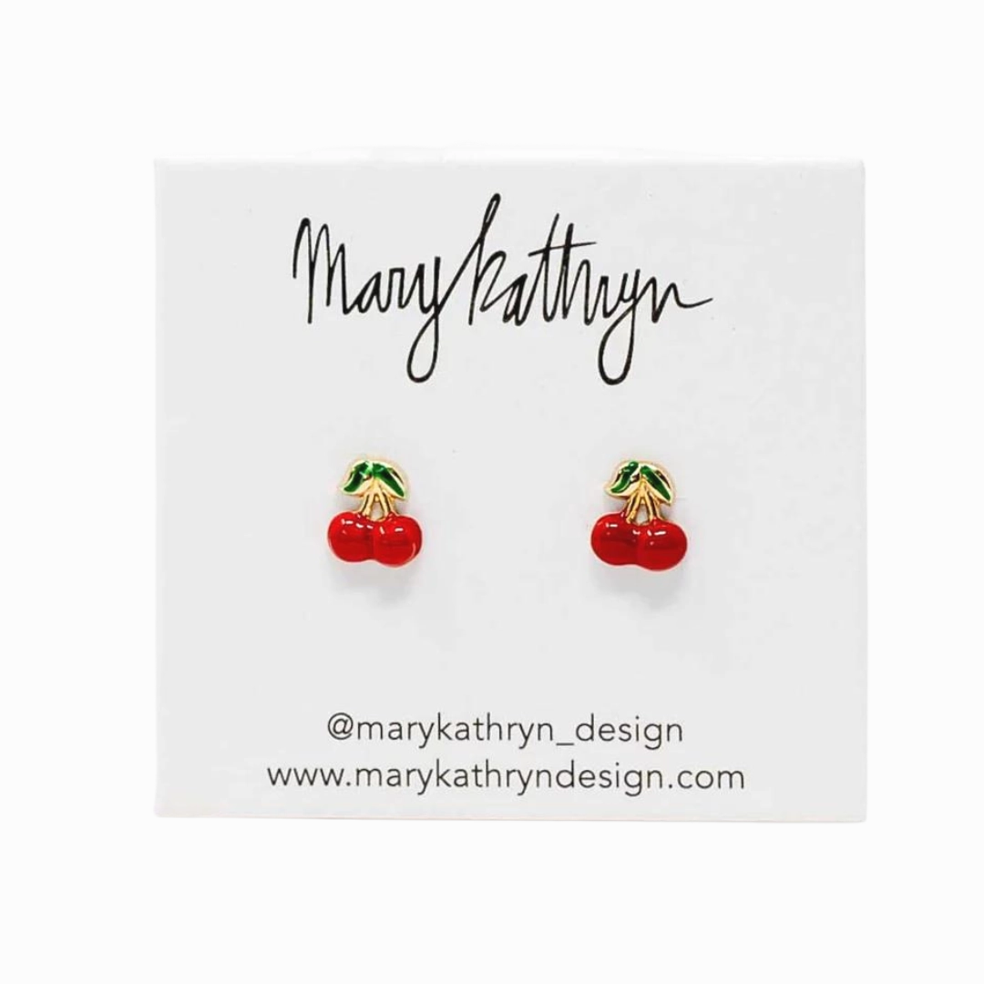 High Shine 14k Gold Enamel Cherry Studs