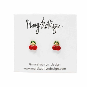 High Shine 14k Gold Enamel Cherry Studs