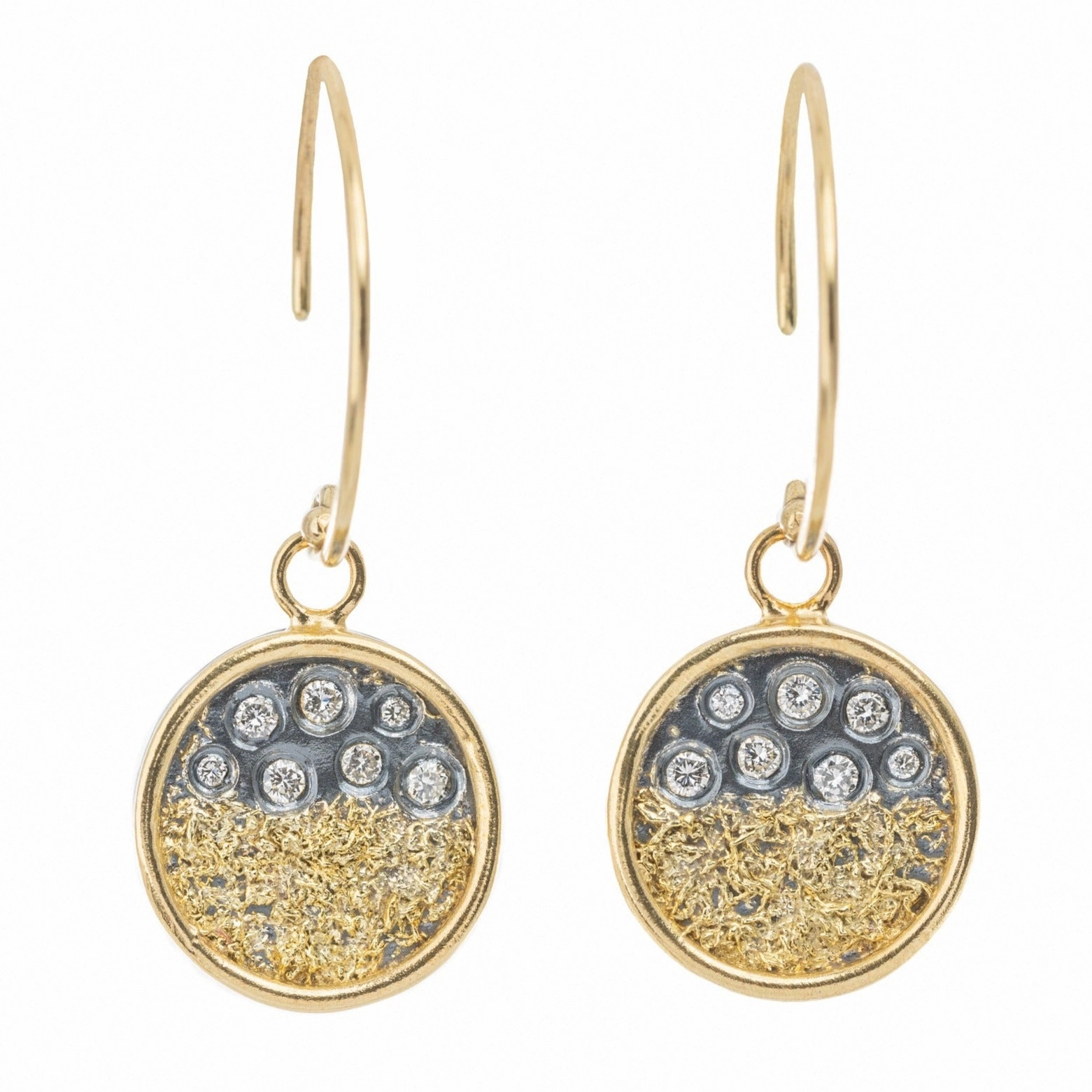 Traveler??s Coin Earrings - 22ky gold dust, 18k Gold, Oxidized Silver   Reclaimed Diamonds Urban Touch