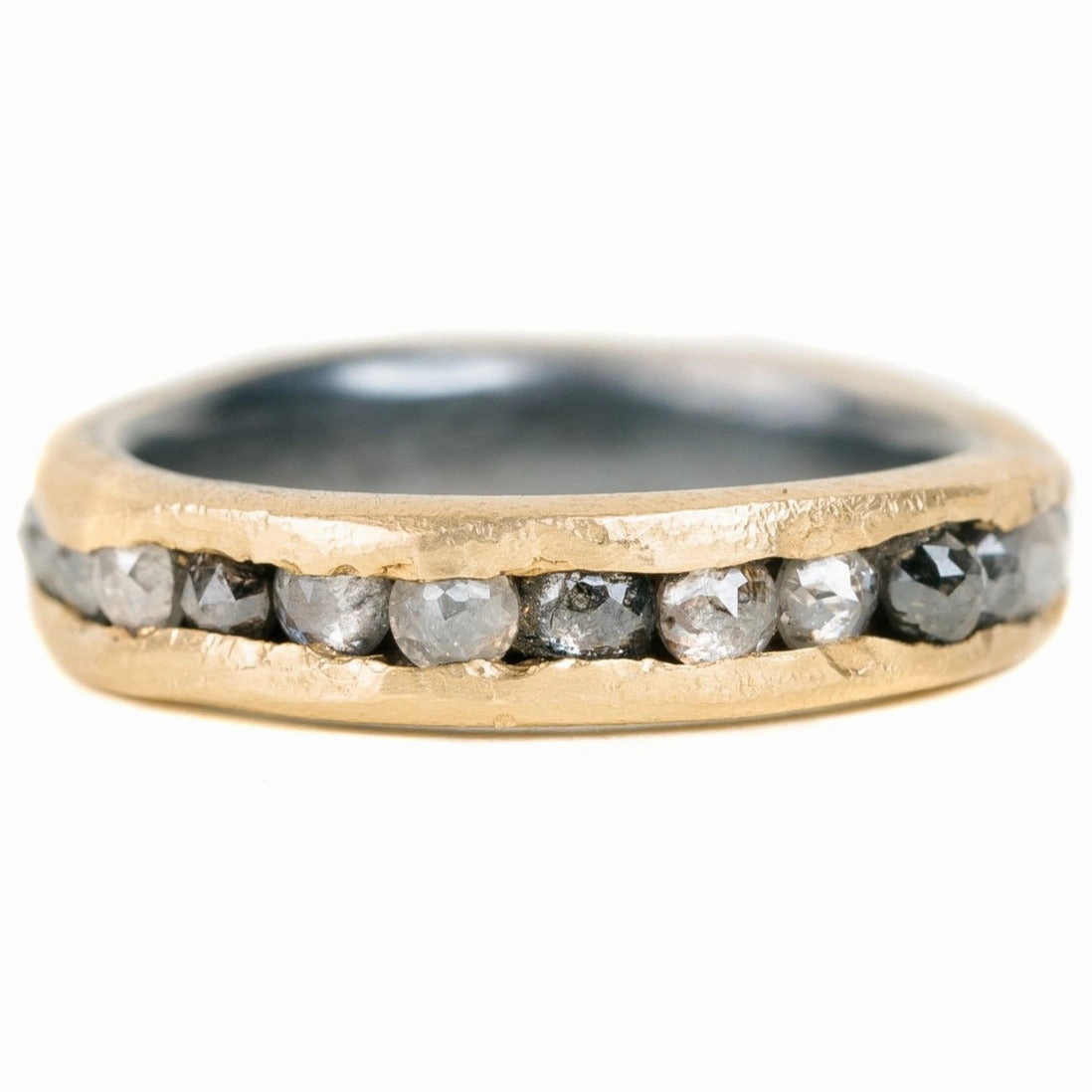 Signature Finish Shimmering Accent Channel Set Band with Rose Cut Diamonds- 18ky Gold, Oxidized Silver   Salt and Pepper Diamonds