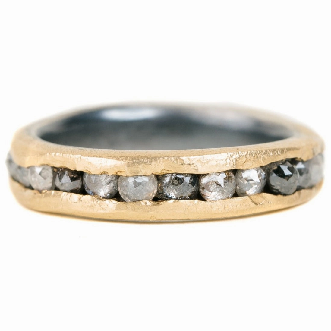 Channel Set Band with Rose Cut Diamonds- 18ky Gold, Oxidized Silver   Salt and Pepper Diamonds Sweet Spark