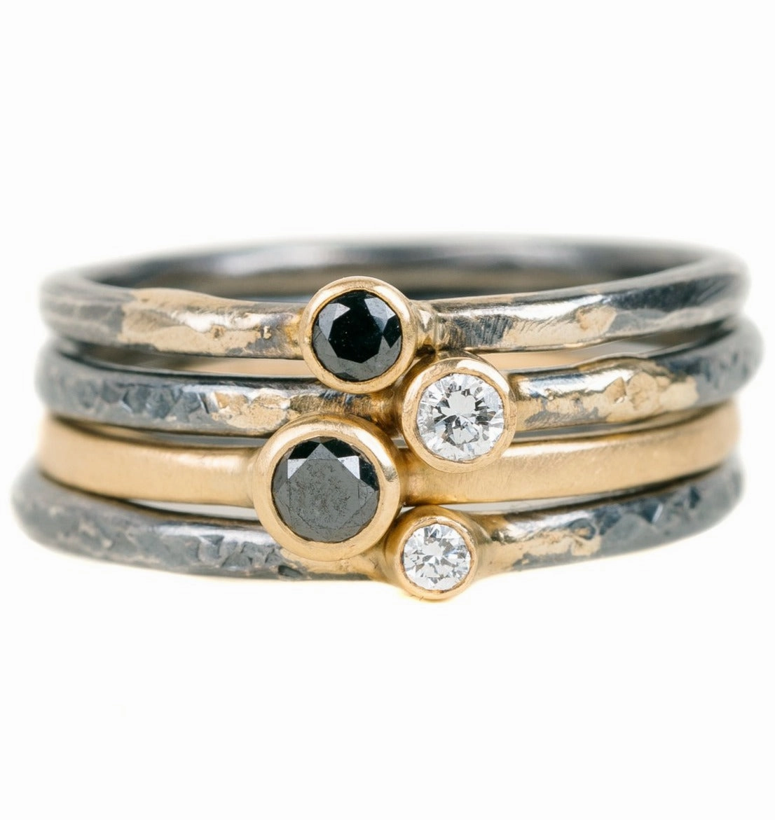 Shine On Birthstone Stackers- 18k Gold, Oxidized Silver   Reclaimed VS Diamonds, Black Diamonds Timeless Pieces Polished Contour