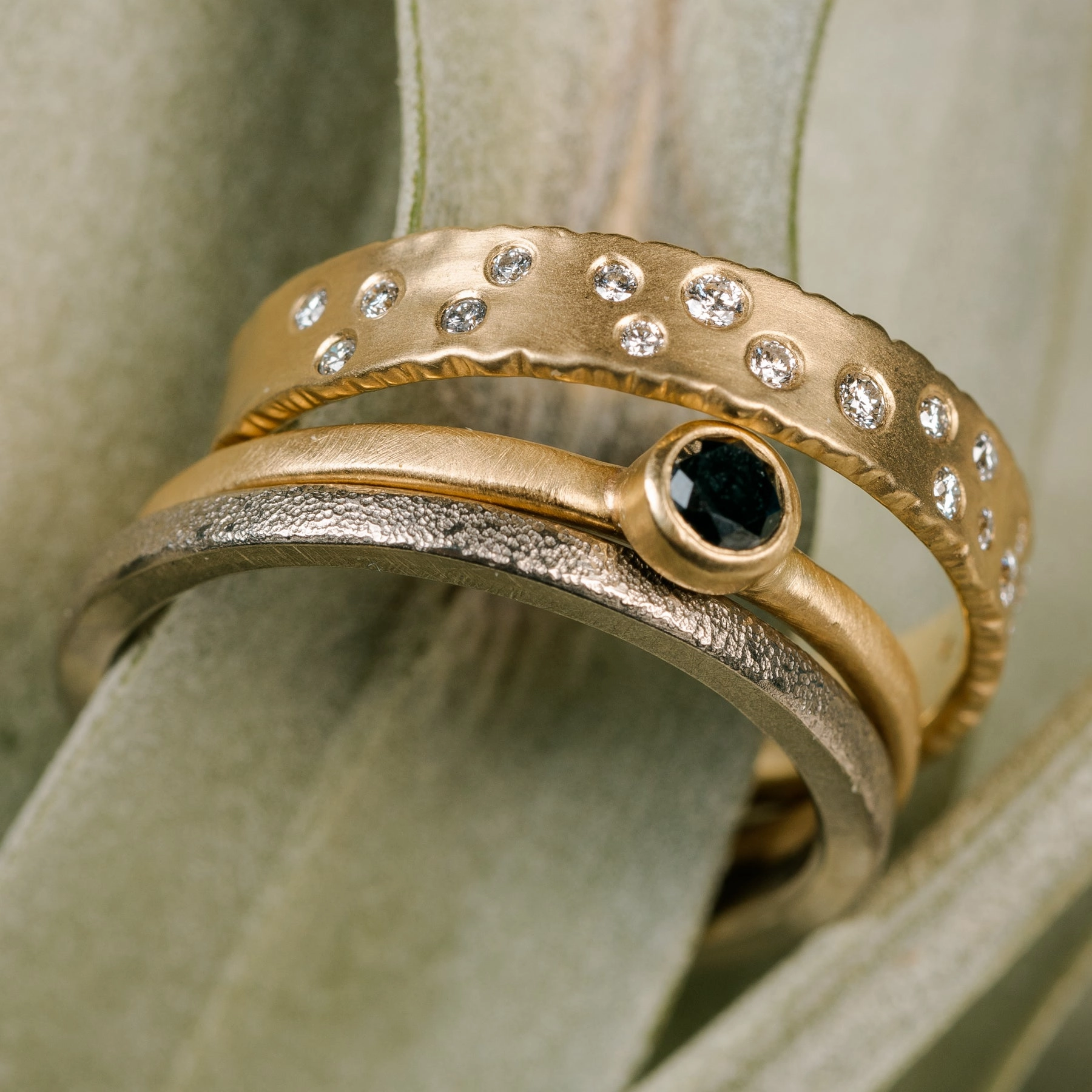 Shine On Birthstone Stackers- 18k Gold, Oxidized Silver   Reclaimed VS Diamonds, Black Diamonds Beauty Element Shiny look
