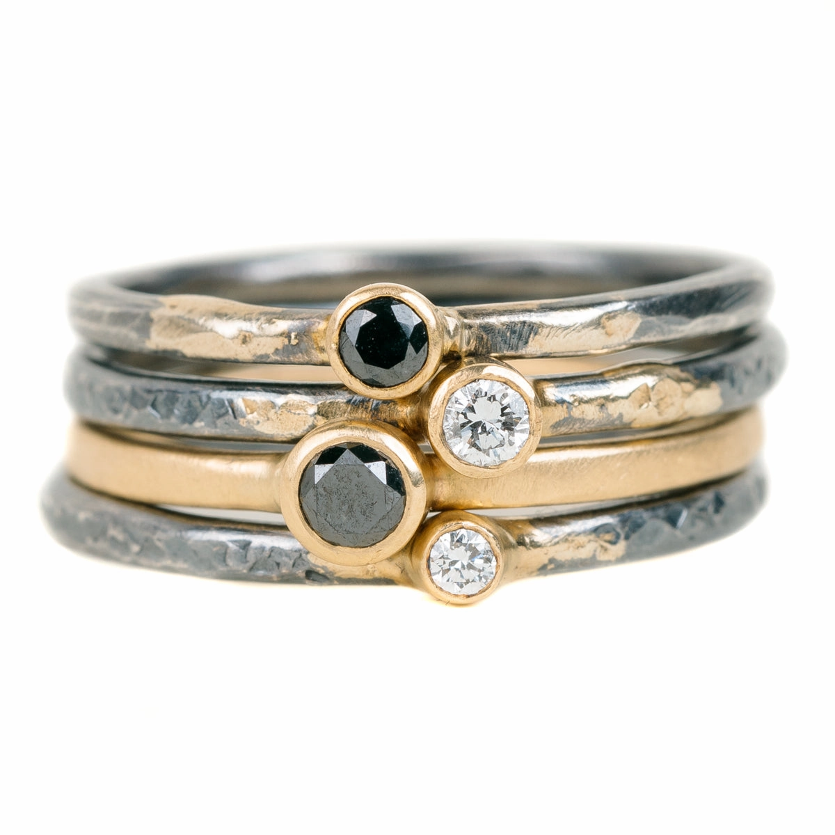 Delicate Shine Formal Vibe Shine On Birthstone Stackers- 18k Gold, Oxidized Silver   Reclaimed VS Diamonds, Black Diamonds