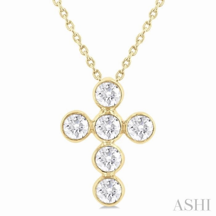 3/4 Ctw Round Cut Diamond 6-Stone Bezel Set Cross Pendant With Chain in 14K Yellow Gold Daily Casual Cool Detail