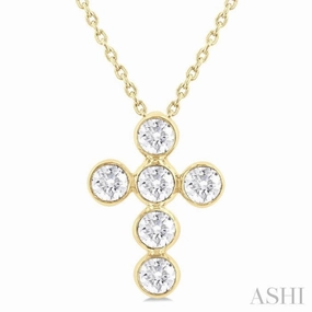3/4 Ctw Round Cut Diamond 6-Stone Bezel Set Cross Pendant With Chain in 14K Yellow Gold Daily Casual Cool Detail