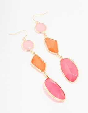Gold Pink & Orange Triple Tiered Drop Earrings Highlight Feature Glow Mode