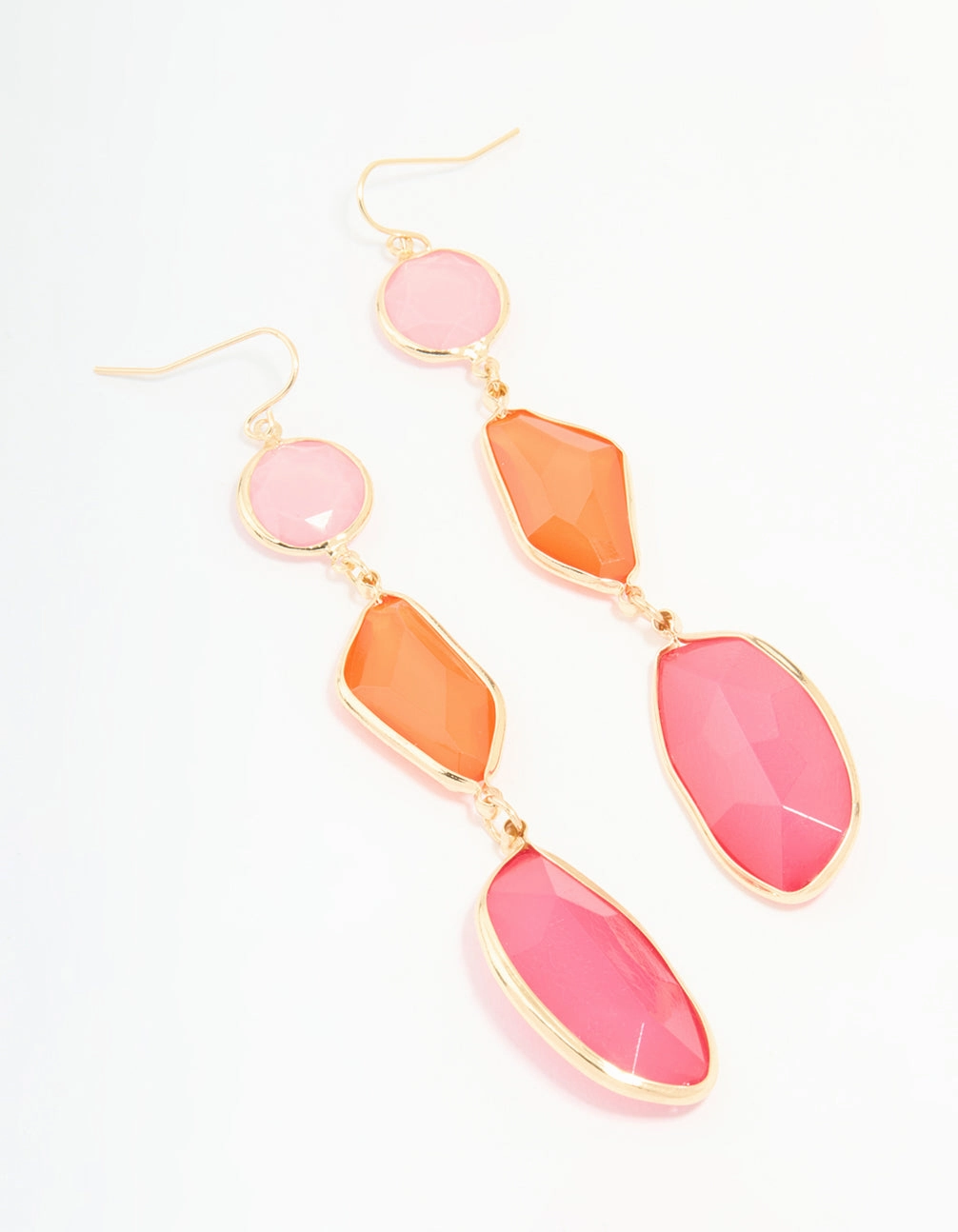 Gold Pink & Orange Triple Tiered Drop Earrings Highlight Feature Glow Mode