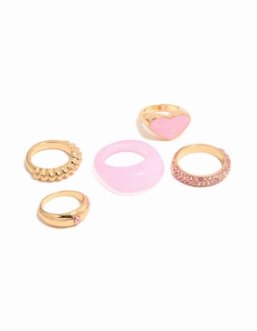 Pure Brilliance Custom Touch Gold Pink Acrylic & Diamante Rings 5-Pack