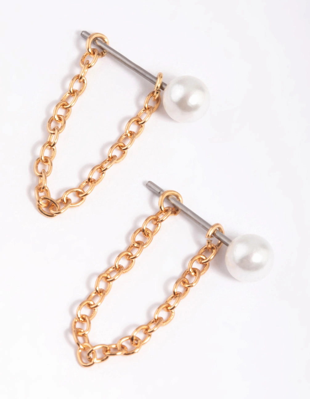 Statement Edge Cozy Accent Gold Pearl Chain Jacket Earrings