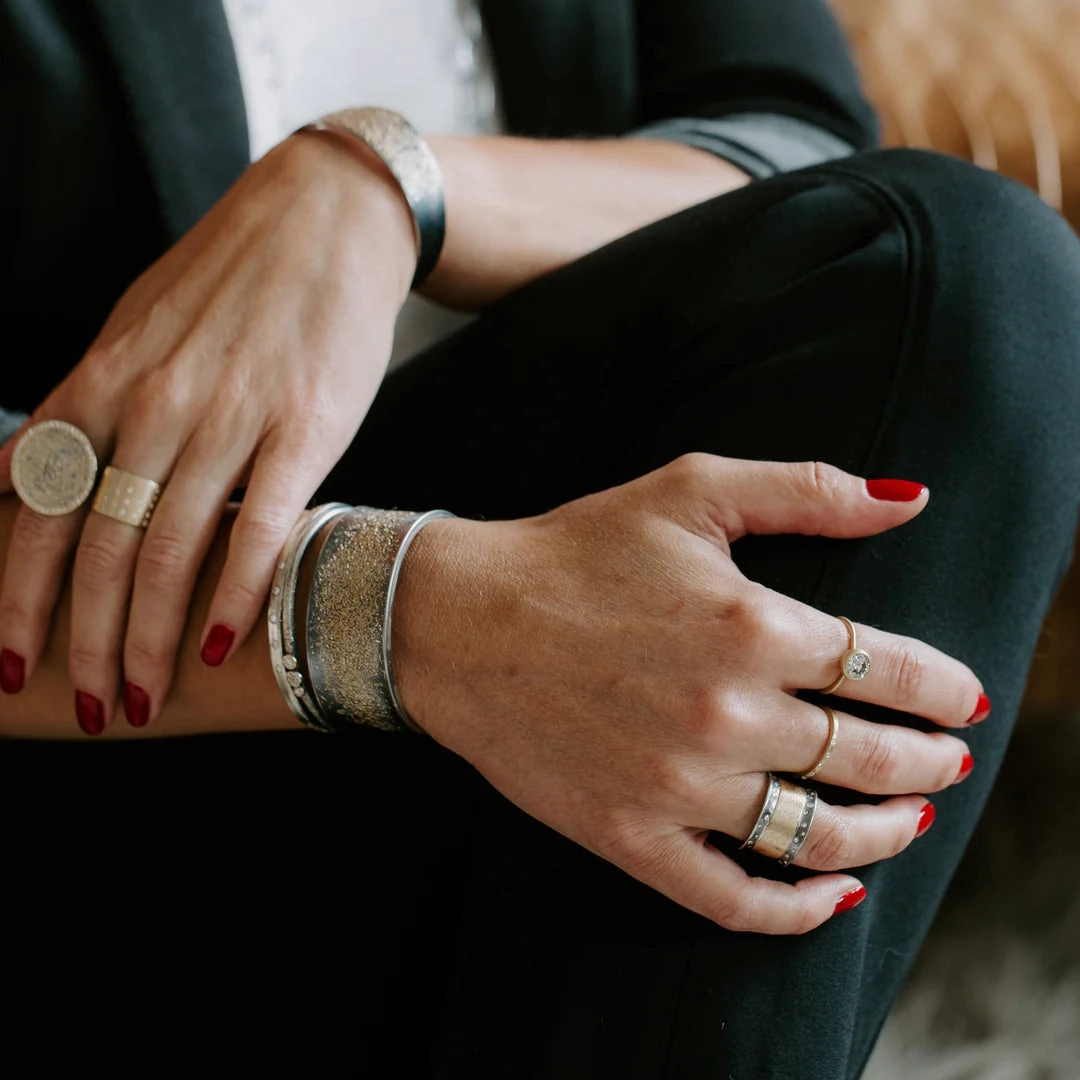 Three Bloom Dusted Skinny Cuff - 22ky, 18ky, Oxidized Silver   VS Diamonds Dainty Form Soft Glamour