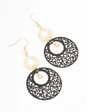 Subtle Elegance Black Coated Metal Filigree Disc Drop Earrings
