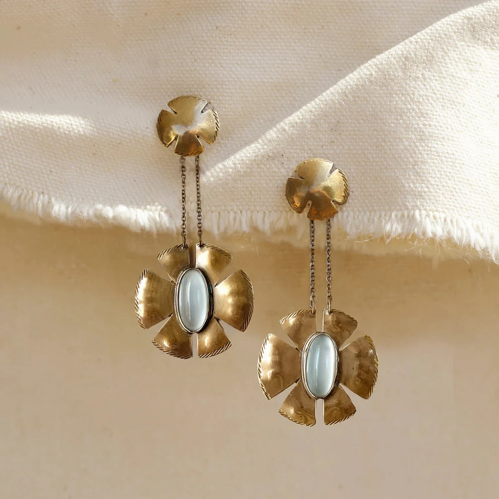 Flora Earrings - Oxidized Brass, Sterling Silver   Blue Moonstone Glass Crisp Sparkle
