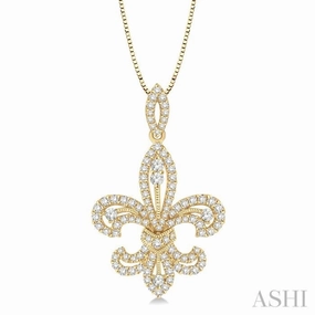 Conflict Free Jewelry 7/8 Ctw Round Cut Diamond Fleur De Lis Diamond Pendant in 14K Yellow Gold with Chain