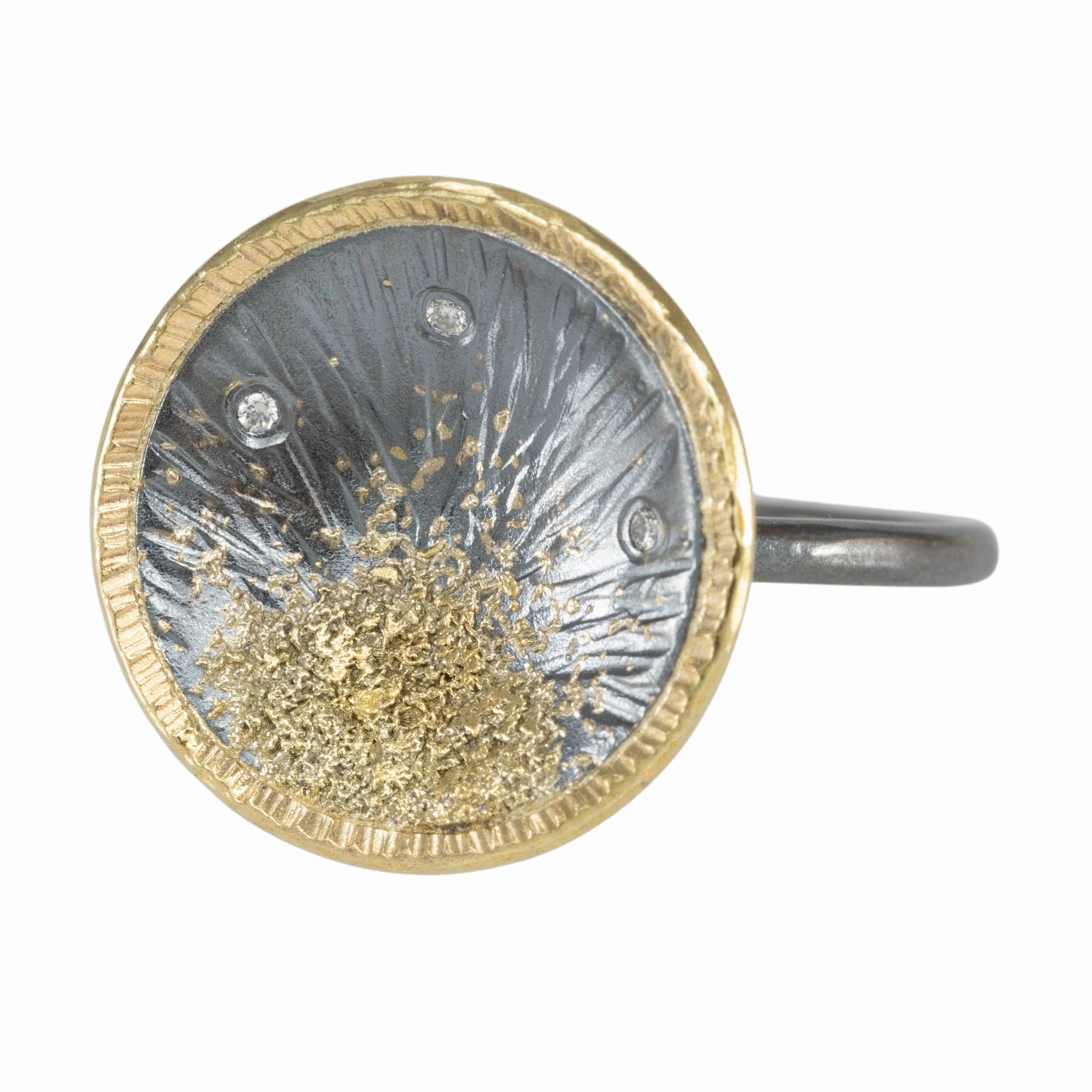 Bold Finish Stylish Style Sun Rays Ring - 22k/18k Gold, Oxidized Silver   VS White Diamonds