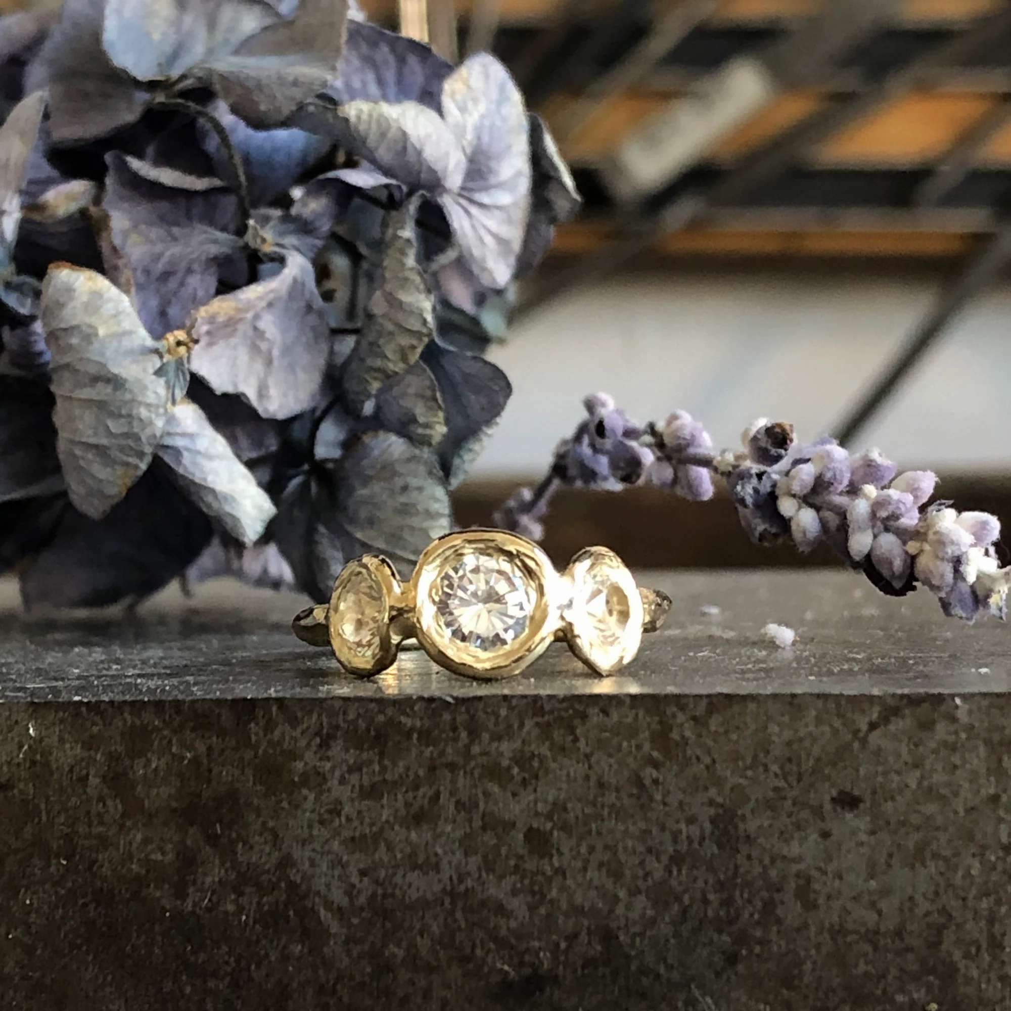 Sunburst Trio Ring - 14k Gold   White Sapphires Delicate Form Versatile Accent