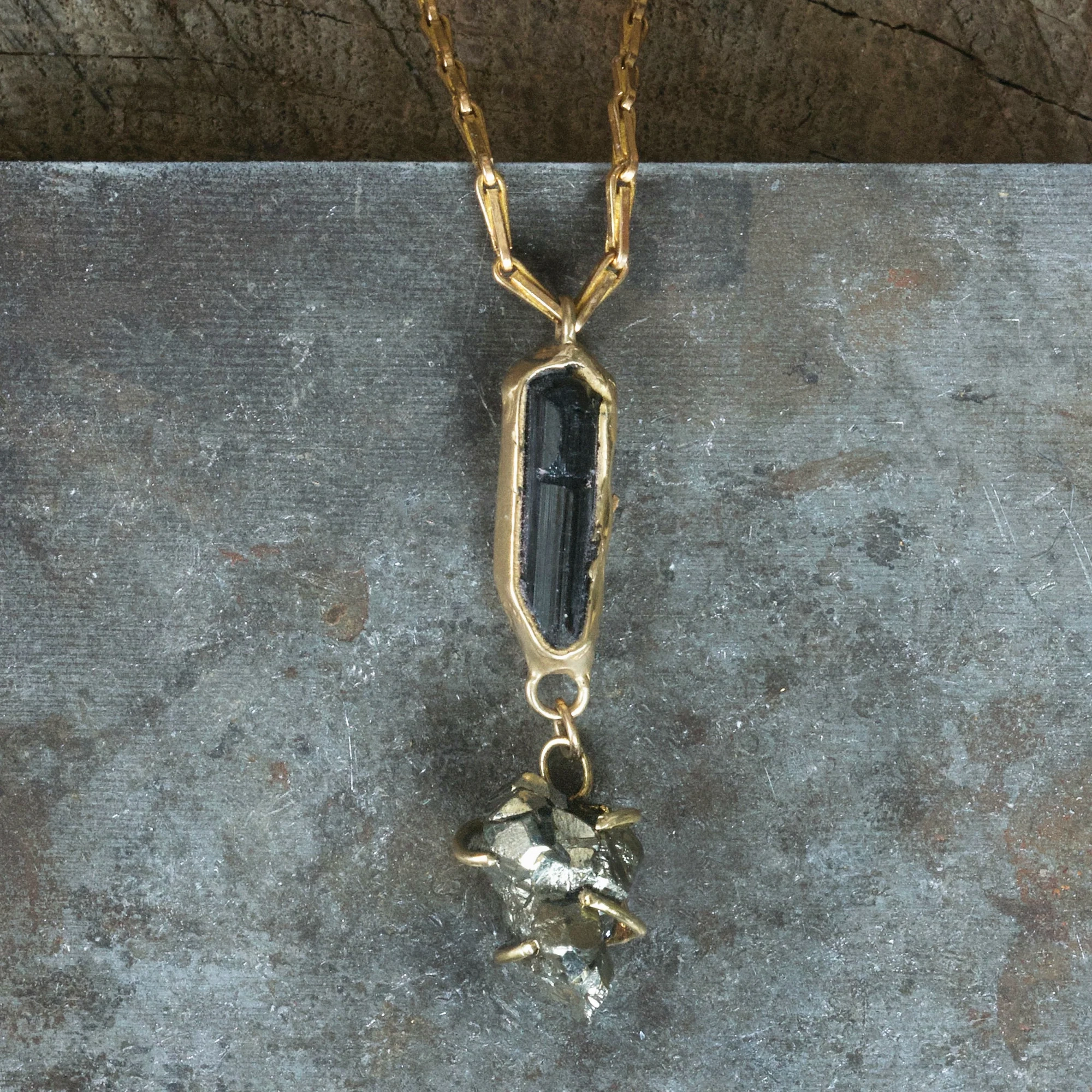 Tasteful Accent Supernova Pendant - Tourmaline, Pyrite   Brass