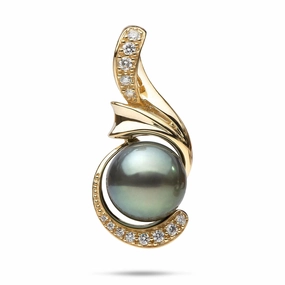Tahitian Black Pearl Pendant in Gold with Diamonds - 14-15mm Retro Vibe Special Style