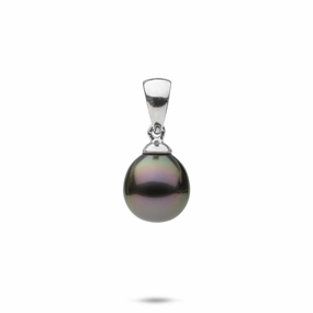 Festive Gift Shiny Surface Jewelry Tahitian Black Pearl Pendant in White Gold - 8-12mm