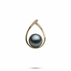 Teardrop Tahitian Black Pearl Pendant in Gold with Diamonds - 10-11mm Family Style Set Jewelry