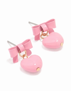 Office Vibe Shiny Touch Gold Coated Metal Bow & Heart Drop Stud Earrings