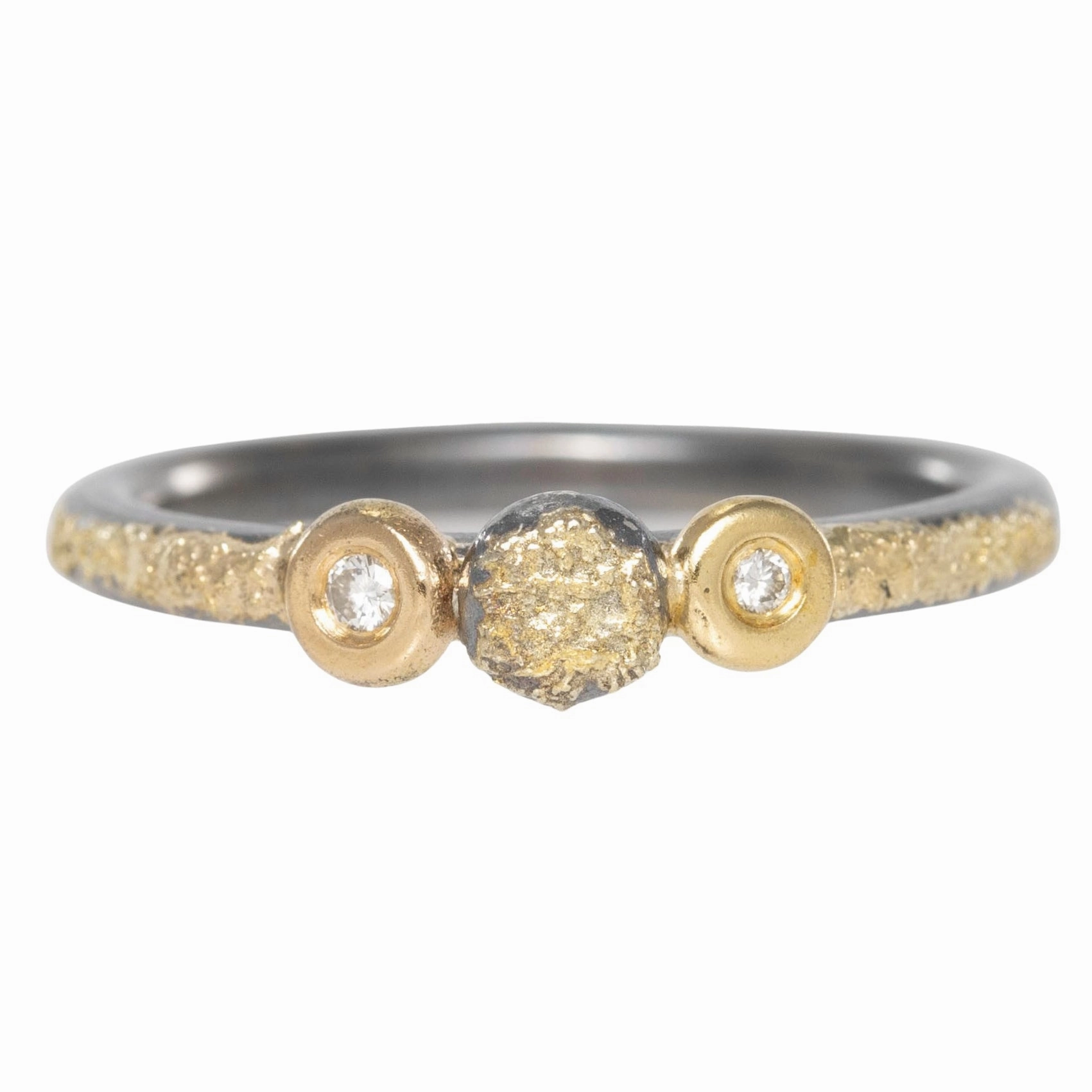 Golden Touch Polished Look Three Bloom Stacking Ring - 22k/18k Gold, Oxidized Silver   VS White Diamonds