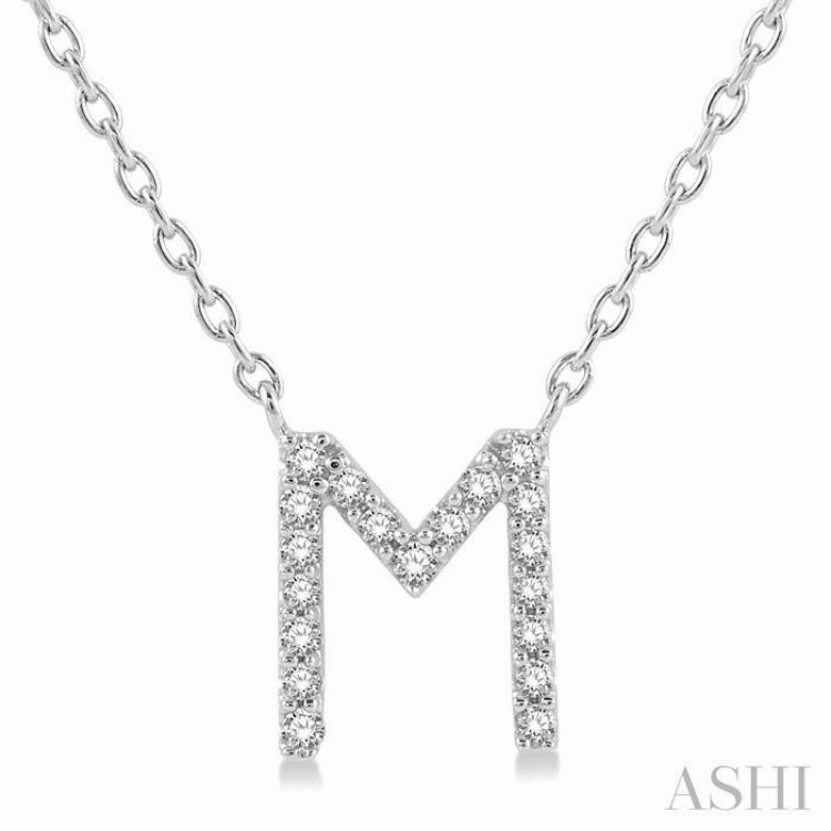 1/20 Ctw Initial 'M' Round Cut Diamond Pendant With Chain in 10K White Gold Office Detail