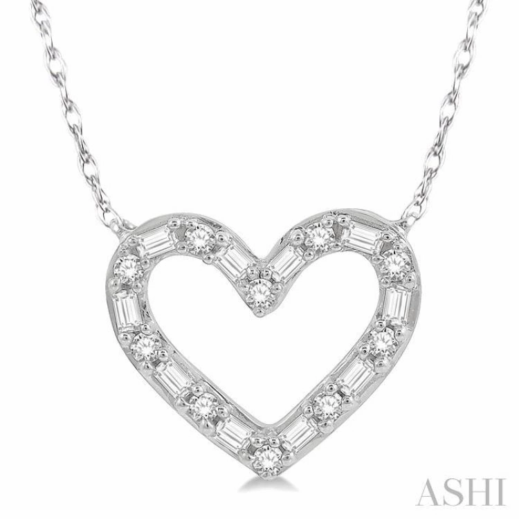 1/4 Ctw Heart Charm Baguette and Round Cut Diamond Pendant With Chain in 14K White Gold Pure Feature New Trend