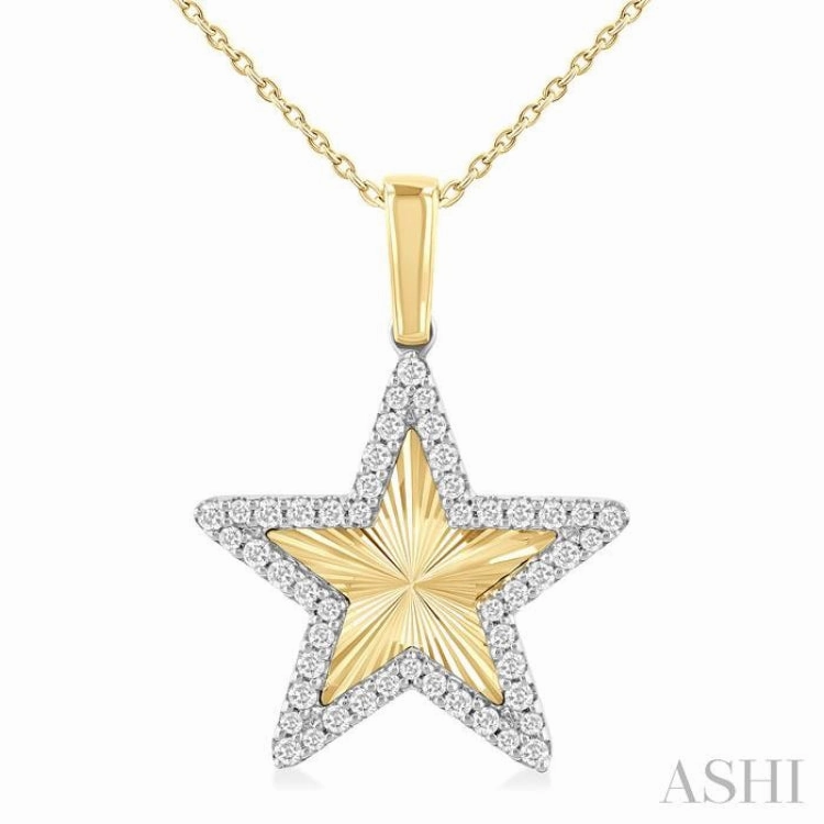 1/4 Ctw Fluted Texture Star Round Cut Diamond Fashion Pendant With Chain in 10K Yellow and White Gold Timeless Accent Work Accent