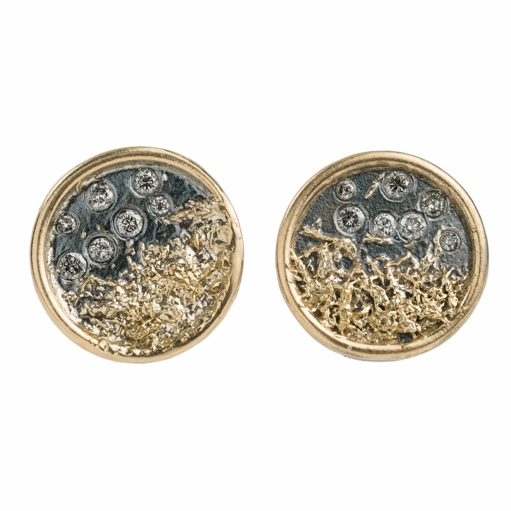Bright Highlight Traveler's Coin Studs - 22k/18k/14ky Gold, Oxidized Silver and Natural Salt   Pepper Diamonds
