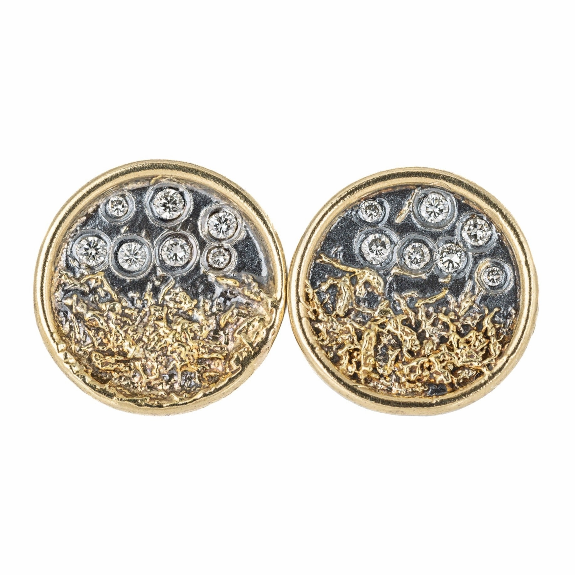 Traveler's Coin Studs - 22ky gold dust, 18k Gold, Oxidized Silver   Reclaimed Diamonds Bold Detail