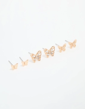 Gold Diamante & Sleek Butterfly Stud Earrings 3-Pack Clear Finish Luxury Vibe