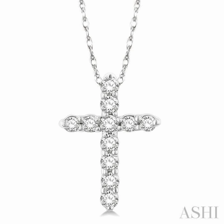 1/10 Ctw Round Cut Diamond Cross Pendant in 14K White Gold with Chain Teen Beaded Piece