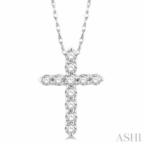 1/10 Ctw Round Cut Diamond Cross Pendant in 14K White Gold with Chain Teen Beaded Piece