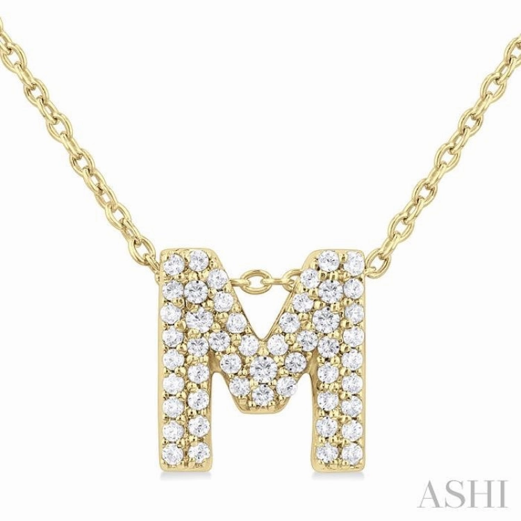 1/6 Ctw Bubble Accent Initial 'M' Round Cut Diamond Fashion Pendant With Chain in 10K Yellow Gold Stylish Jewelry Friends Outing Item