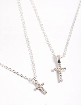 Silver Diamante Cross Layered Necklace Dazzling Style