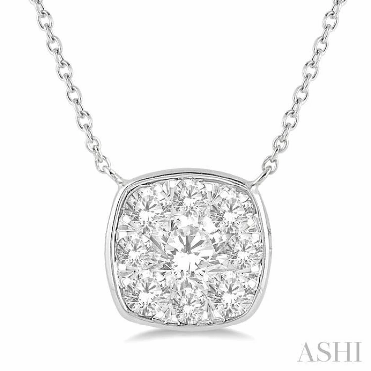 Professional Piece Patterned Item 1/2 Ctw Cushion Shape Lovebright Diamond Pendant With Chain in 14K White Gold