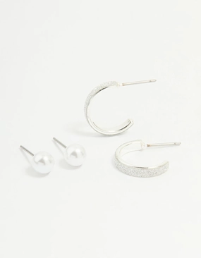 Silver Glitter Paper & Pearl Stud Earrings 2-Pack Stylish Accessory Dynamic Detail