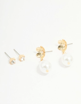 Gold Pearl Flower & Diamante Stud Earrings 2-Pack Luxury Aura Dainty Spark