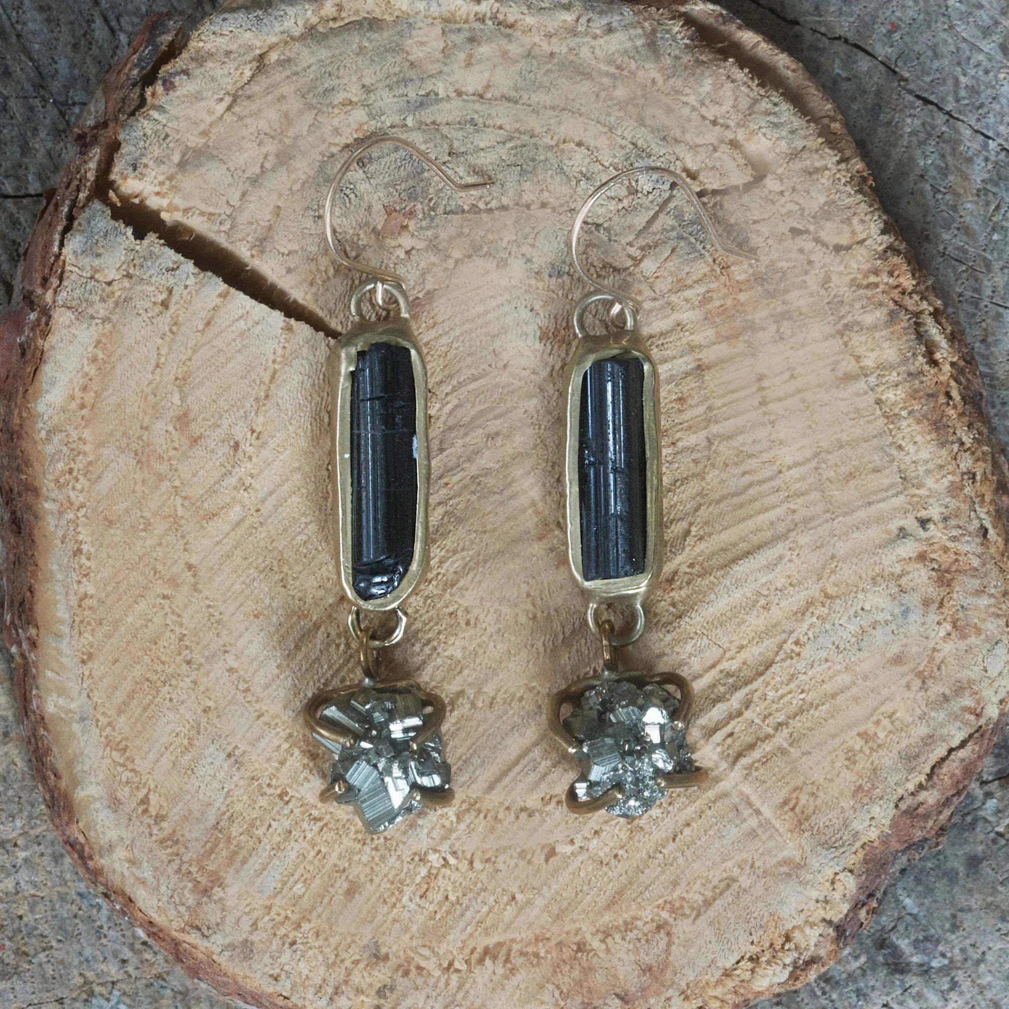 Luxury Touch Perfect Pair Supernova Earrings - Brass, Tourmaline   Pyrite