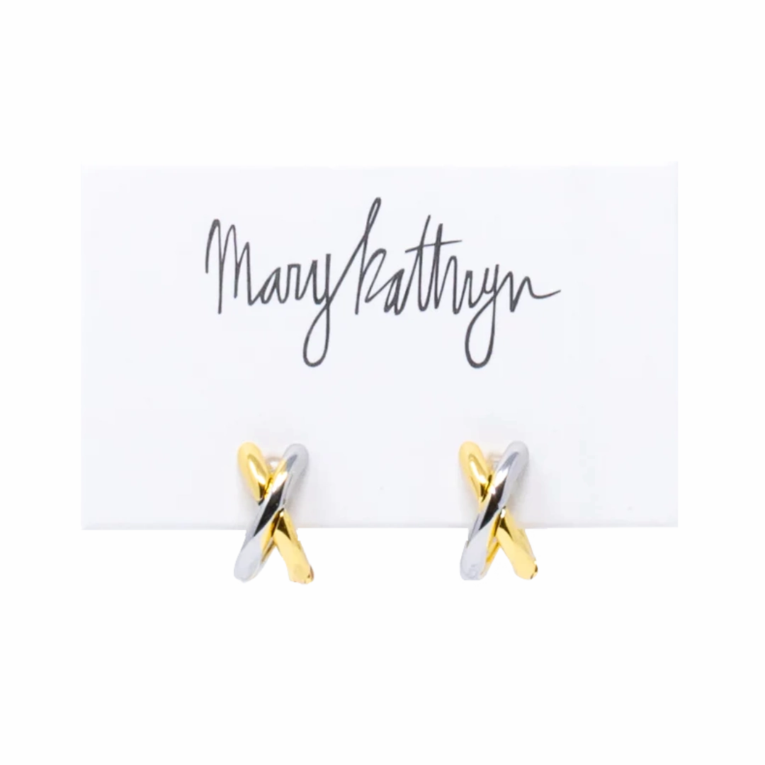 Two Toned Criss Cross Huggie Flat Detail Shiny Gem